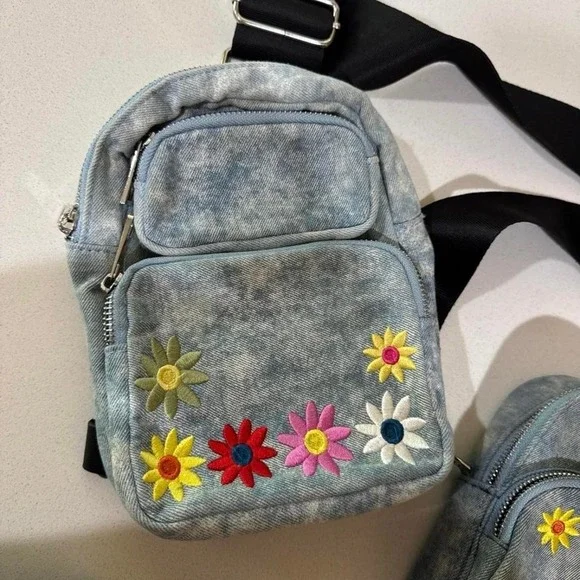 2 Denim NoBo Y2K Crossbody Bags Fanny Pack Floral Embroidered - Picture 2 of 7